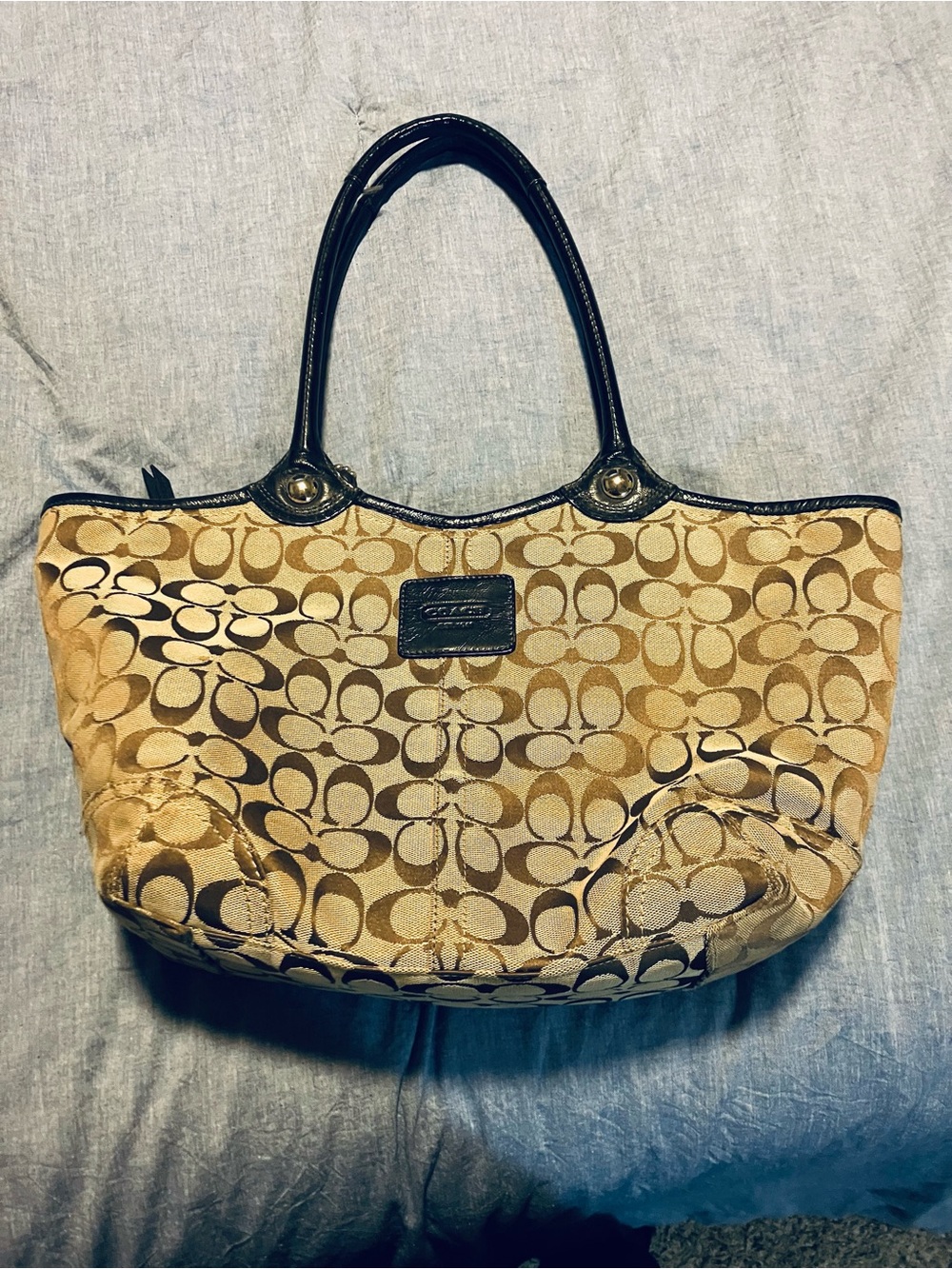 Coach Tan and Black Signature Canvas Tote - Picture 1 of 5